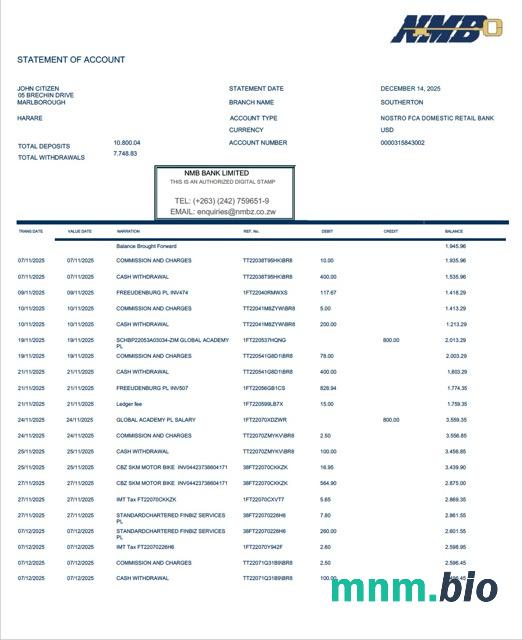 Zimbabwe FBC rachunek bankowy Wyciąg słowo i PDF szablon